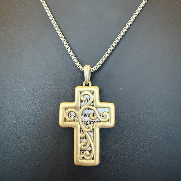 Proverbs 18:10 Religious Slide Cross Filigree Pendant Necklace Two Tone 18-20” - Picture 6 of 6